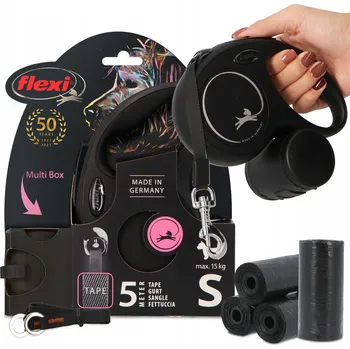 Vodítko pro psa Vodítko Flexi AUTOMATICKÉ pro PSA Páska 5m MULTI BOX na PAMLSKY Sáčky na exkrementy x 30