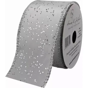 Stuha Stuha saténová s drátkem šedá stříbrné tečky 9.1 m