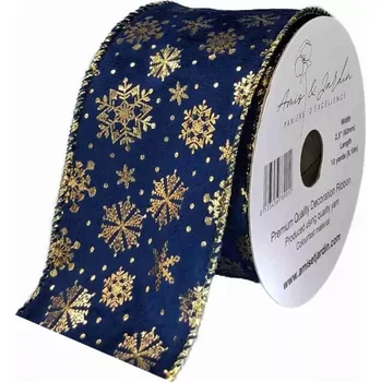 Stuha Stuha sametová s drátkem modrá zimní sněhové vločky 9.1 m