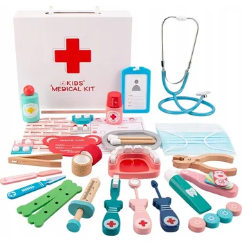 Dřevěná hračka DŘEVĚNÁ SADA MALÉHO LÉKAŘE KUFŘÍK PŘÍSLUŠENSTVÍ