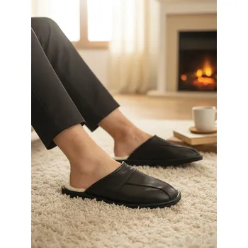 Pánské pantofle Pánské kožené papuče Model 16B černé, VELIKOST 45