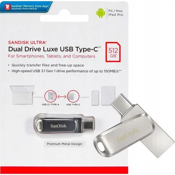 USB flash disk Flash disk SanDisk Ultra Dual Drive Luxe 512 GB USB 3.0, 3.1 typ C stříbrný
