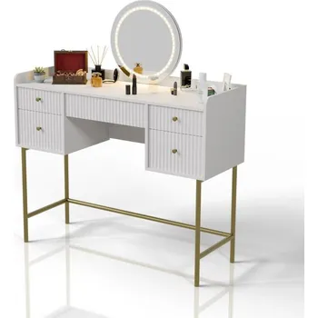 Toaletní stolek Toaletní stolek s LED zrcadlem, 5 zásuvek, bílý/zlatý