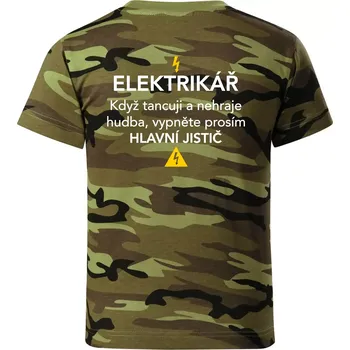 Elektrikář - hlavní jistič - Nápis na zádech - Dětské maskáčové triko - 146 cm/10 let ( Zelený maskáč )
