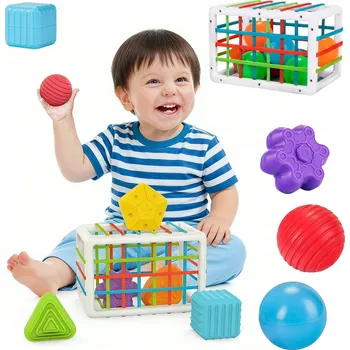 Hračka pro nejmenší SENZORICKÁ KOSTKA S TŘÍDIČKOU TVARŮ, GUMOVÉ STAVEBNICE, ELASTICKÉ STĚNY A OBLOUK