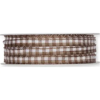 Stuha Kostkovaná stuha s drátěným okrajem - tmavě hnědá 8mm x 25m