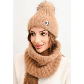 Čepice Dámský zimní komplet s pomponem a komin camelový UNI