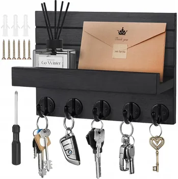 Věšák VĚŠÁK NA KLÍČE S POLIČKOU DŘEVĚNÝ S 5 HÁČKY DO PŘEDSÍNĚ