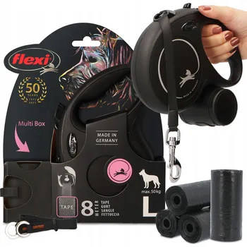 Vodítko pro psa Vodítko PSA AUTOMATICKÉ Páska s blokádou 8m Multi Box + 80x SÁČKY NA PSI EXKREMENTY 30