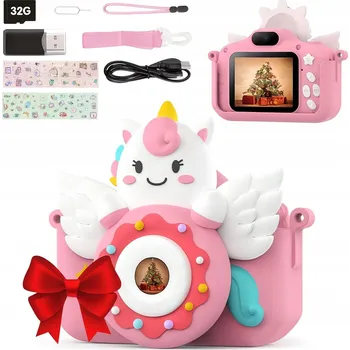 Digitální kompakt Dětský digitální fotoaparát ve tvaru jednorožce 32GB + 20 rámečků a hry - růžový