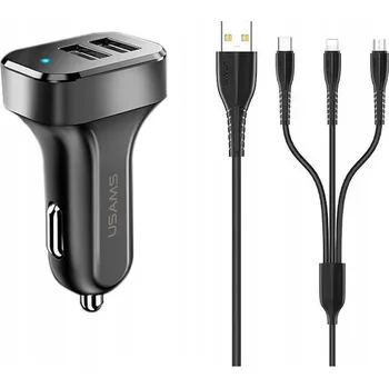USAMS SÍŤOVÁ NABÍJEČKA 3v1 MICROUSB USB-C LIGHTNING 2xUSB 2,1A ČERNÁ