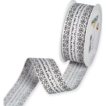 Stuha Potištěná pruhovaná stuha s květinovým ornamentem bílo-černá 35mm x 15m