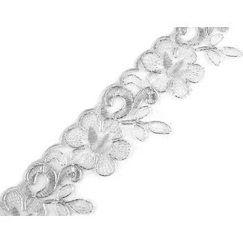 Krajka Vyšívaný prýmek na monofilu šíře 58 mm s lurexem, barva 1 stříbrná