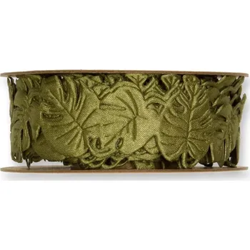 Stuha Perforovaná saténová stuha Monstera zelená 25mm x 5m