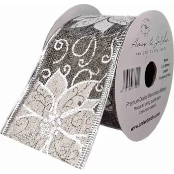 Stuha Stuha jutová s drátkem šedá vánoční květy 9.1 m