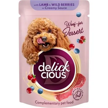 Krmivo pro psa Delickcious Vlhké Krmivo pro Psa - Vločky s Jehněčím a Borůvkami v Omáčce 80