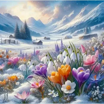 Diamantové malování Zakázková pro Diamantovani.cz Kvetoucí kvítka v zimní krajině + třpytivé kamínky (70 x 70)