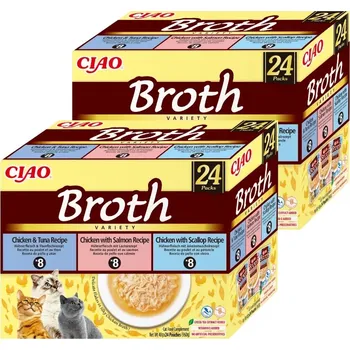 Krmivo pro kočku INABA Ciao vývar - Doplňkové krmivo pro kočky, kuřecí, lososový, tuňákový a hřebenatka vývar 2x(24x40g)