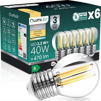 Žárovka 6x LED ŽÁROVKA E27 FILAMENT TŘÍDA A 2,2W 470LM = 40W 2700K 360° KULIČKA