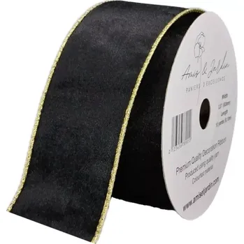 Stuha Stuha sametová s drátkem černá zlatý lem 9.1 m