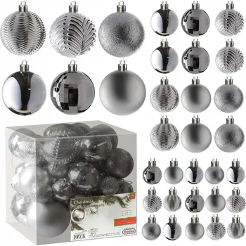 Vánoční dekorace Vánoční Baňky MIX plastových vánočních ozdob 36 Ks stříbrné 4 6 8 cm