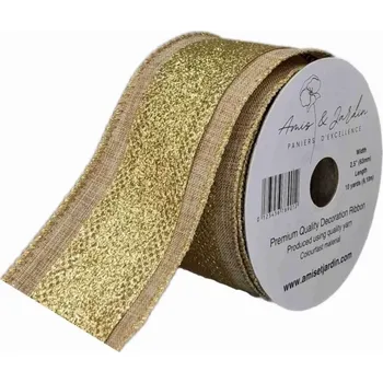Stuha Stuha organzová s drátkem hnědá zlatý pruh 9.1 m