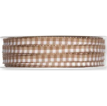 Stuha Kostkovaná stuha s drátěným okrajem - hnědá hnědá 8mm x 25m