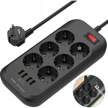 Napájecí kabel 2M NAPÁJECÍ PRODLUŽOVACÍ KABEL PROTIPŘEPĚŤOVÁ OCHRANA VYPÍNAČ 6 ZÁSUVEK + 4x USB