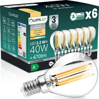 Žárovka 6x LED ŽÁROVKA E14 FILAMENT TŘÍDA A 2,2W 470LM = 40W 2700K 360° KULIČKA