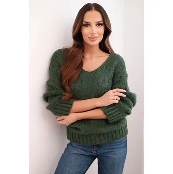 Dámské oblečení Dámský svetr s podílem vlny a výstřihem do V v barvě khaki UNI