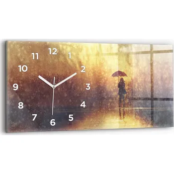 Hodiny Moderní skleněné nástěnné hodiny s potiskem 60x30 cm žena s deštníkem