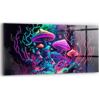 Hodiny Nástěnné Hodiny Skleněné Horizontální se Stylovým Potiskem Neonové Houby 60x30 cm