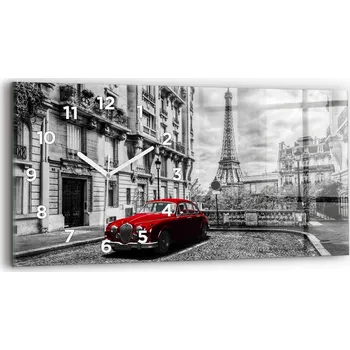 Hodiny Moderní skleněné nástěnné hodiny s potiskem 60x30 cm Staré auto město