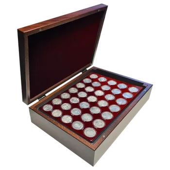 Obal pro sběratelský předmět Luxusní dřevěná kazeta na stříbrné pamětní mince ČNB 1993 – 2025 červený vnitřek