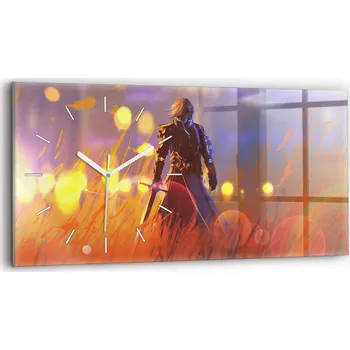 Hodiny Minimalistické skleněné nástěnné hodiny s motivem rytíře s mečem 60x30 cm