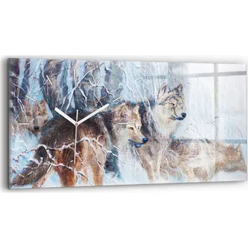 Hodiny Moderní skleněné nástěnné hodiny s potiskem horizontální 60x30 cm Vlci v lese