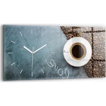 Hodiny Nástěnné Hodiny Skleněné Horizontální se Stylovým Potiskem Šálek kávy 60x30 cm