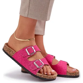 Dámské pantofle Látkové dámské NAZOUVÁKY na korkové podrážce s přezkami fuchsiové barvy, velikost 39