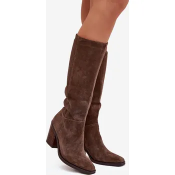 Dámské kozačky Dámské semišové kozačky na sloupkovém podpatku se zipem Lissara hnědé 40