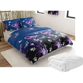 Povlečení Textilomanie Violet Butterfly tmavě modré 200 x 220, 2x 70 x 90 cm zipový uzávěr + prostěradlo Soft 180 x 200 cm bílé