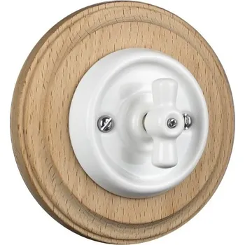 vypínač Elhard Kulatý keramický otočný vypínač č.6/č.1, bílý / světlé dřevo - kompletní