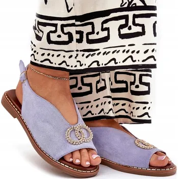 Dámské sandále DÁMSKÉ SANDÁLY PLOCHÉ EKO SEMIŠOVÉ ELEGANTNÍ S OZDOBOU MODRÉ 37