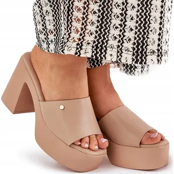 Dámské pantofle NAZOUVÁKY DÁMSKÉ ECO KOŽENÉ NA SLOUPEKU A PLATFORMĚ LEHKÉ POHODLNÉ KHAKI 40