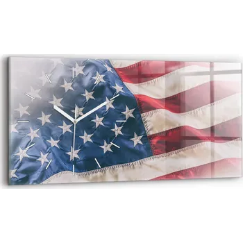 Hodiny Horizontální Skleněné Nástěnné Hodiny do Kanceláře s Motivem Americké Vlajky 60x30 cm