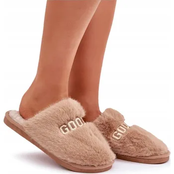 Dámské pantofle PANTOFLE S KOŽEŠINOU A NÁPISEM, TEPLÉ, POHODLNÉ, HNĚDÉ 40
