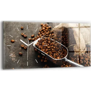 Hodiny Minimalistické skleněné nástěnné hodiny s grafikou - pytel kávových zrn, 60x30 cm
