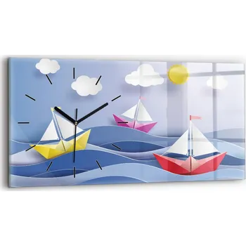 Hodiny Moderní skleněné nástěnné hodiny horizontální 60x30 cm Origami barevné plachetnice