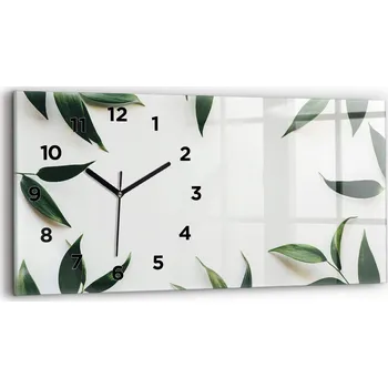 Hodiny Skleněné moderní nástěnné hodiny s potiskem horizontální 60x30 cm Rámeček s motivem listů