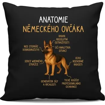 Žertovný předmět Anatomie německého ovčáka - černý polštář s potiskem- Tričkový.cz