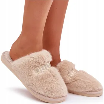 Dámské pantofle PANTOFLE DÁMSKÉ S KOŽÍŠKEM A NÁPISEM TEPLÉ POHODLNÉ BÉŽOVÉ 37